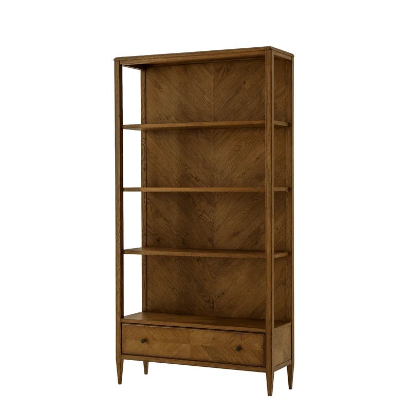 Dusk Herringbone Parquetry Solid Wood Bookcase with Drawer