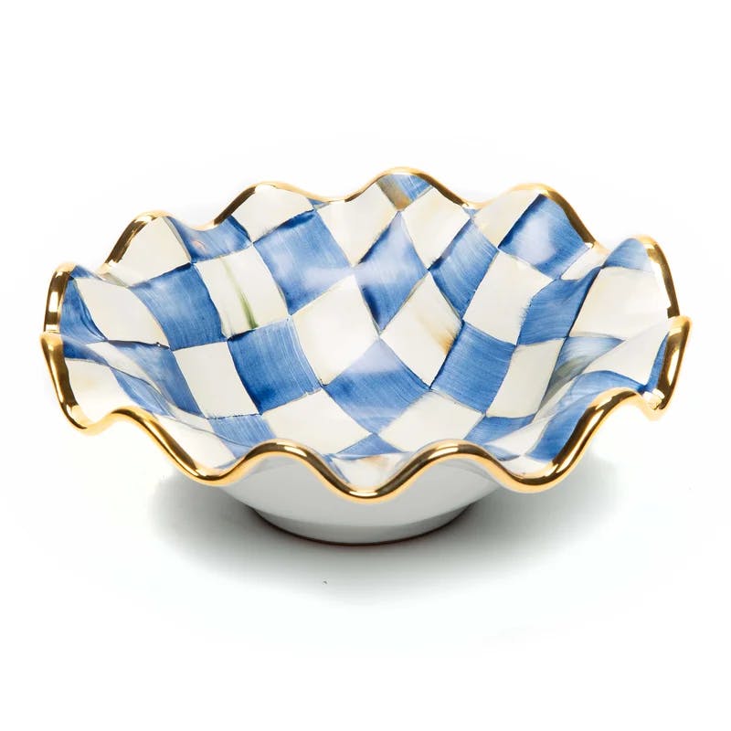 Handmade Ceramic 12oz Cereal Bowl with Gold Rim and Royal Check