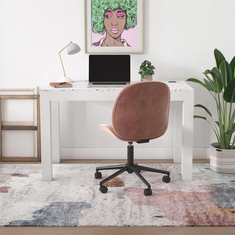 Contemporary White Wood Desk with Wireless Charger and Drawer
