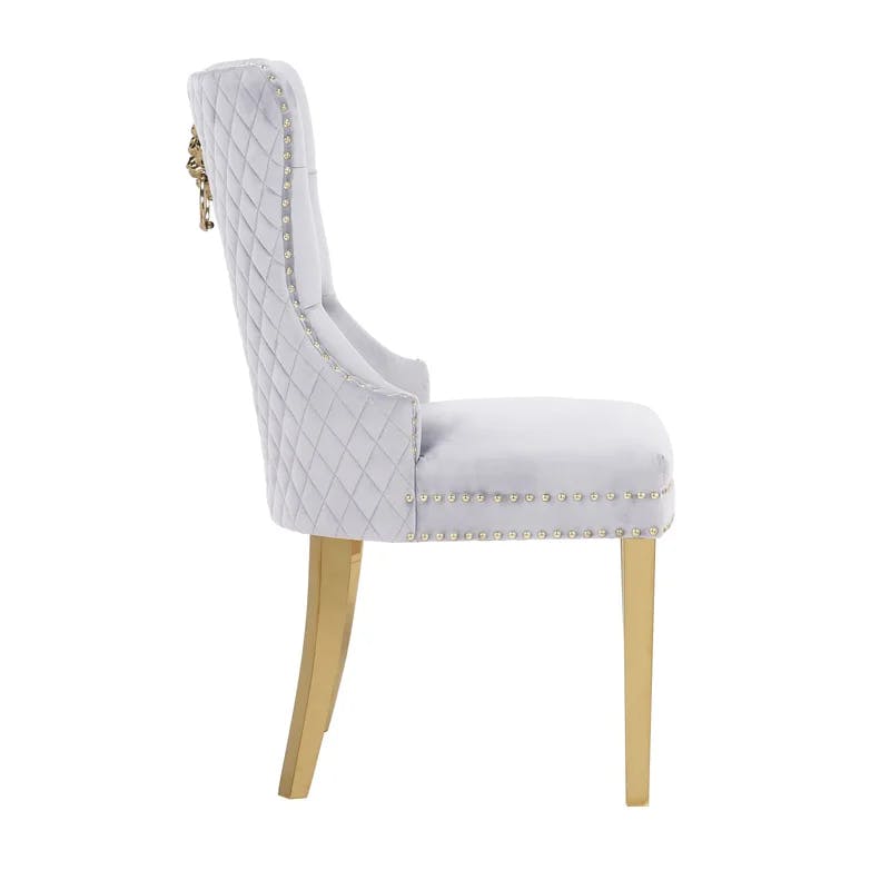 Elegant Light Gray Velvet Wingback Tufted Dining Chair with Metallic Accents