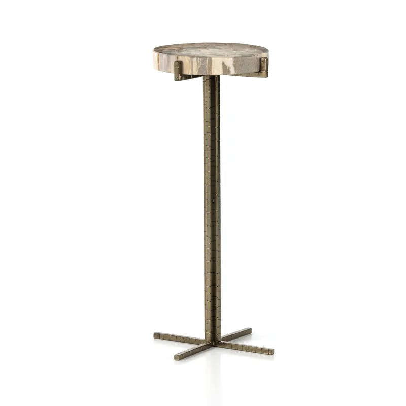 Casella 20'' Round Brass & Petrified Wood Side Table