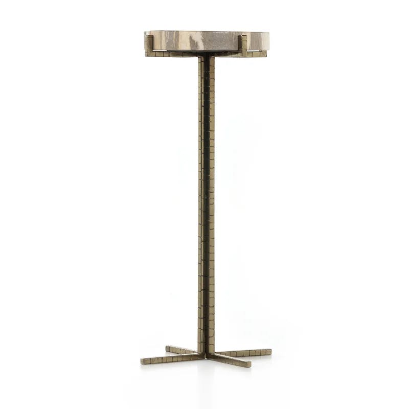 Casella 20'' Round Brass & Petrified Wood Side Table