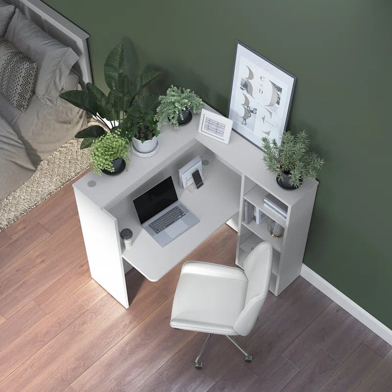 Contemporary White Wood Corner Home Office Desk with Privacy Shelves