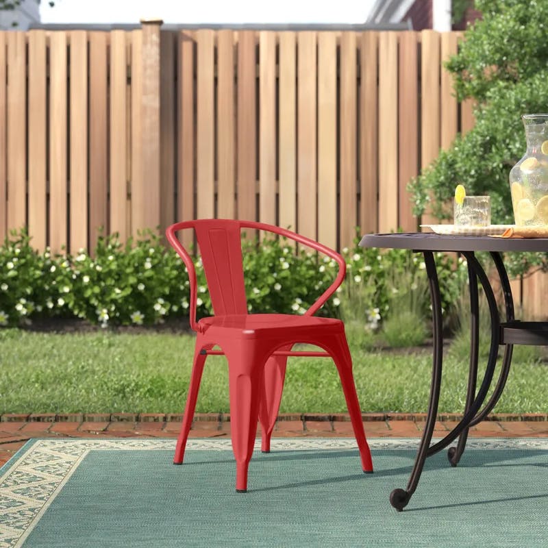Vibrant Red Steel Slat-Back Indoor-Outdoor Dining Chair with Arms