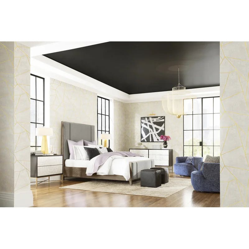 Cerused Charcoal Oak Queen Upholstered Panel Bed with Headboard