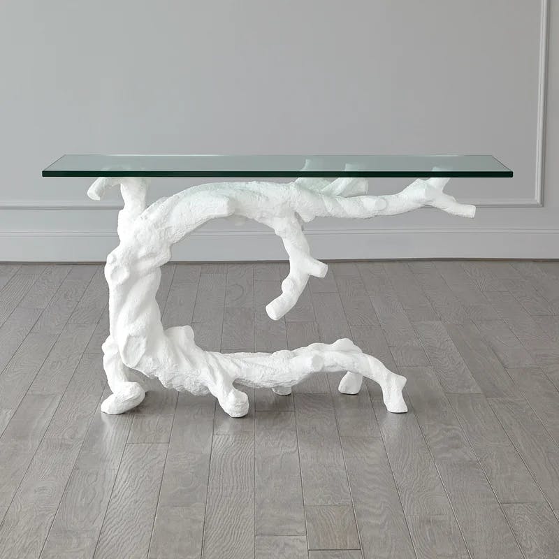 Twisted Juniper Matte White Cast Aluminum Console with Tempered Glass Top