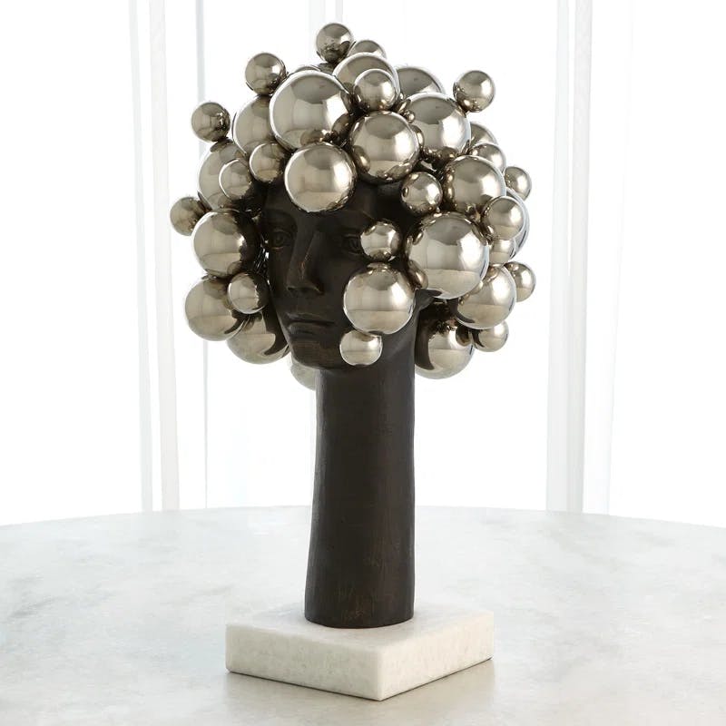 Bubbles for Brains Nickel-Plated Iron Sculpture on Marble Base
