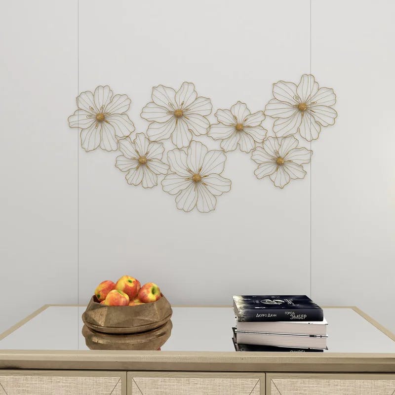Gold Foiled Wire Floral Asymmetrical Metal Wall Sculpture 43"x21"