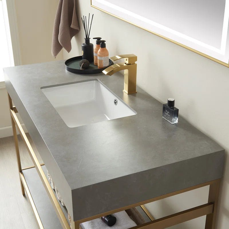 Elegant 48'' Freestanding Single Sink Bathroom Vanity in Brushed Gold with White Stone Top