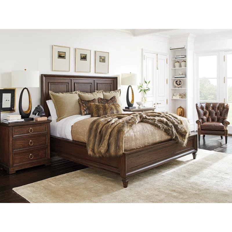 Transitional Walnut Creek Queen Wood Panel Bed with Headboard
