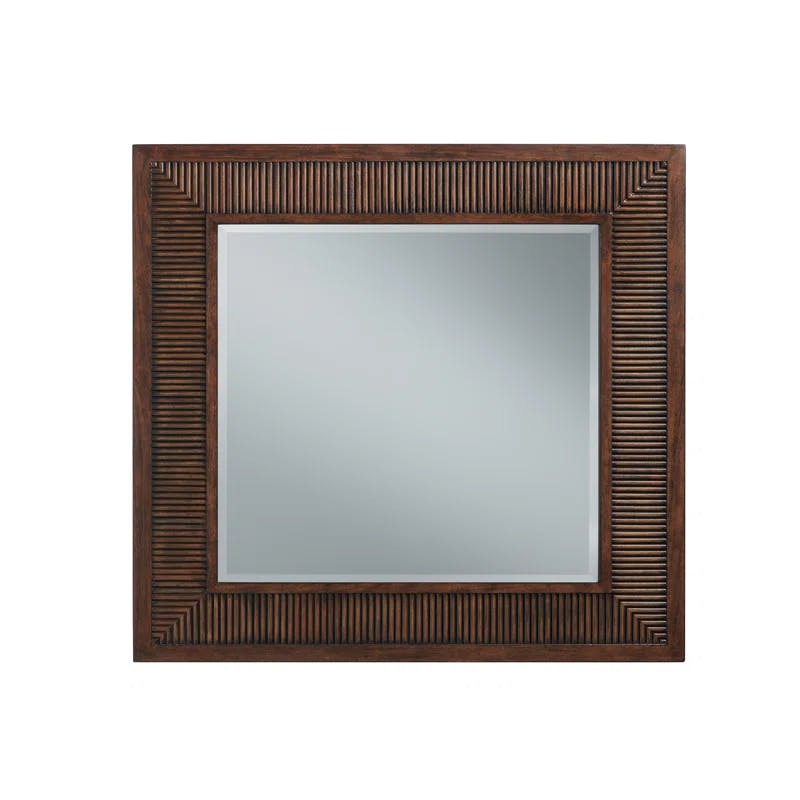 Transitional Mitered Tambour Wood Square Mirror in Brown