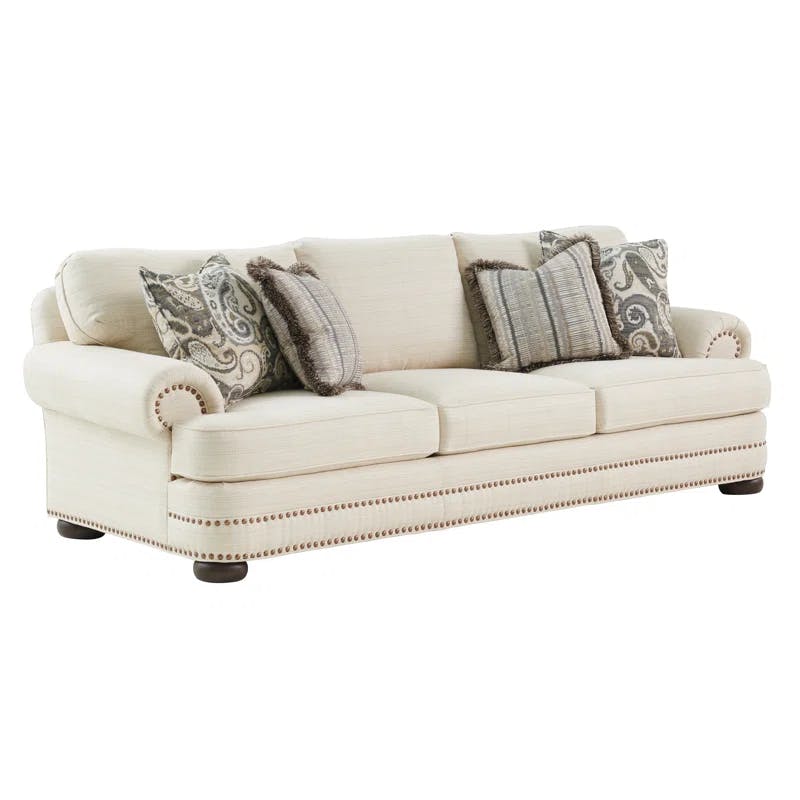 Walnut Cream Fabric Sofa with Old Brass Nailhead Trim and Down Fill Cushions
