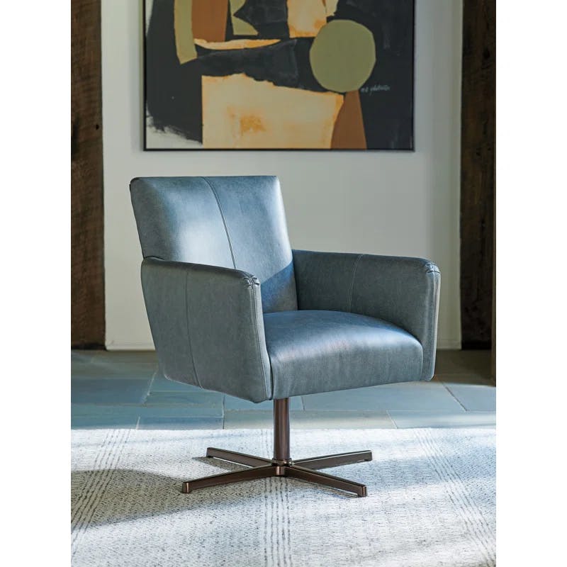 Elegant Gray Leather Swivel Armchair with Bronze Metal Legs