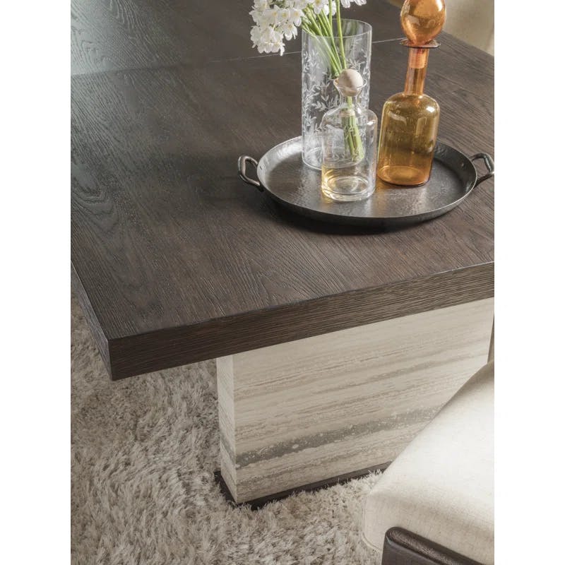 Contemporary Mocha Brown Extendable Dining Table with Travertine Base