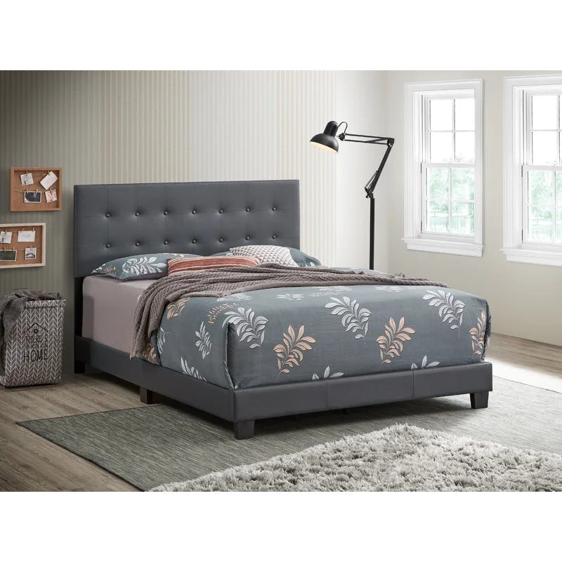 Eaton Luxe Gray Faux Leather Tufted Full Bed with Wood Frame