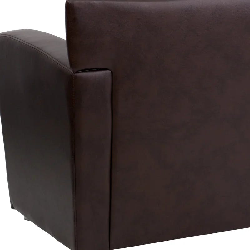 Modern Brown Faux Leather Loveseat with Flared Wooden Arms