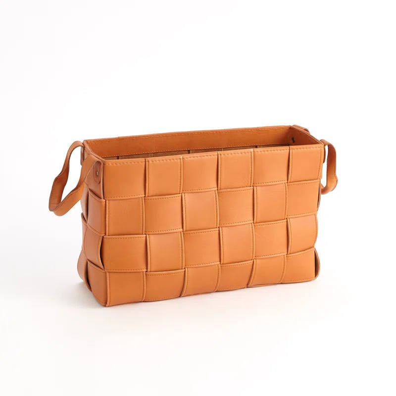 Contemporary Soft Woven Orange Leather Small Storage Basket