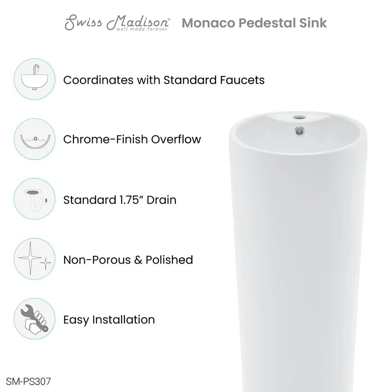 Glossy White Monaco 33.5" Ceramic Pedestal Bathroom Sink