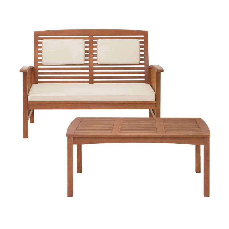 Lyndon Natural Eucalyptus Wood Outdoor Bench and Cocktail Table Set for 2