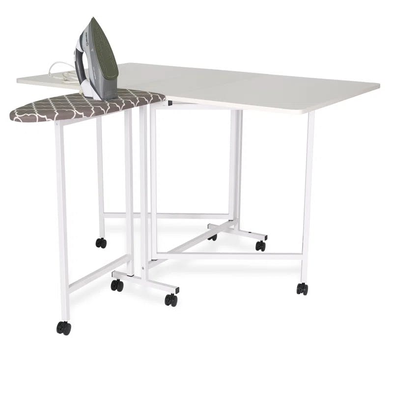 Modern White Metal 63''x59'' Cutting & Ironing Table with Casters