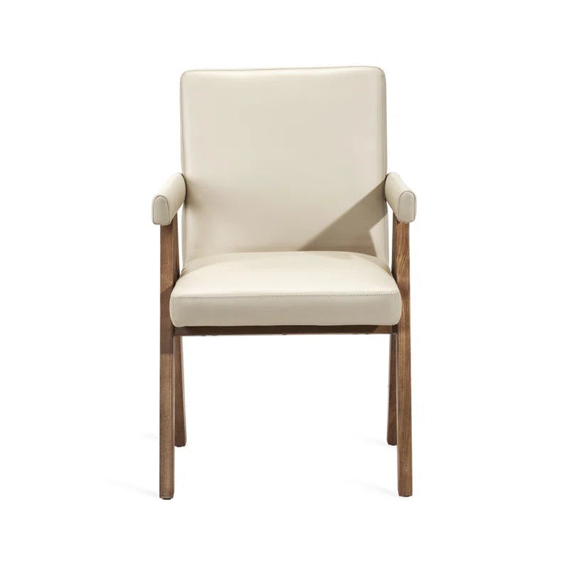 Cream Latte Faux Leather & Autumn Brown Wood Arm Chair