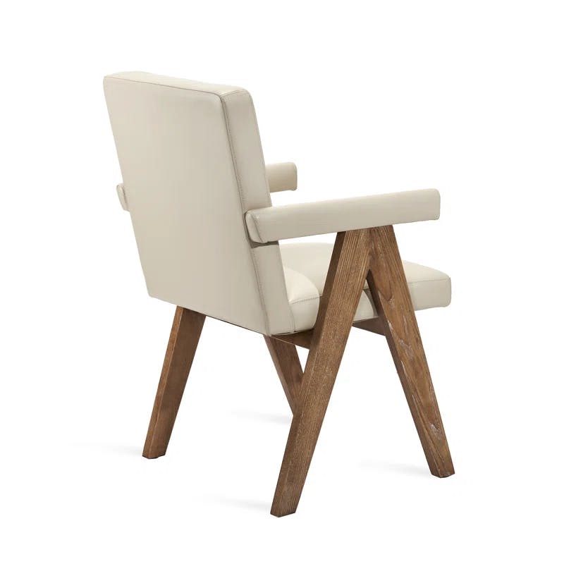Cream Latte Faux Leather & Autumn Brown Wood Arm Chair