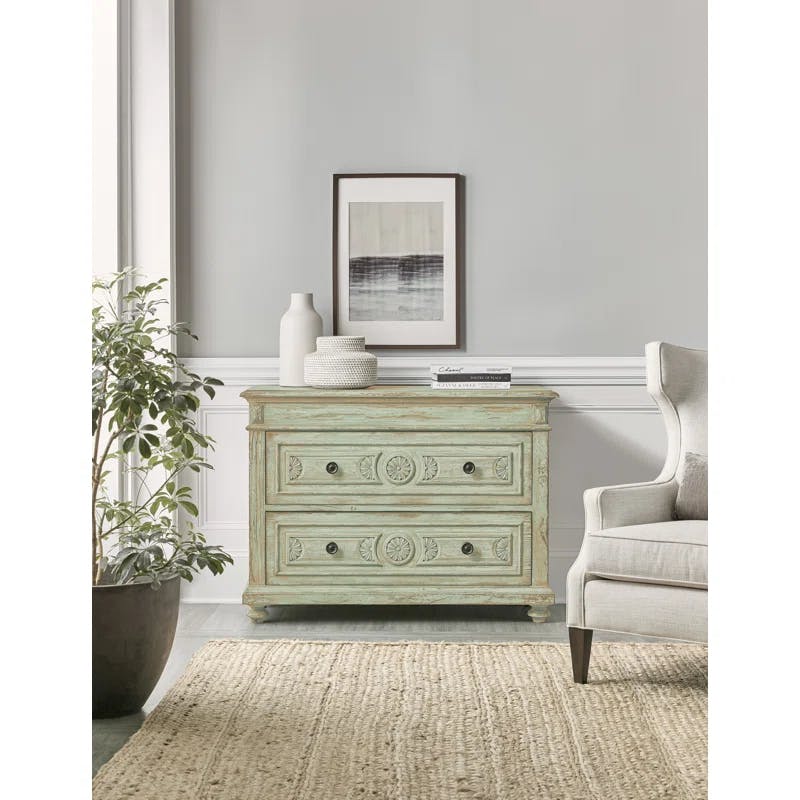 Pistachio Green Traditional Accent Chest with Carved Floral Motifs