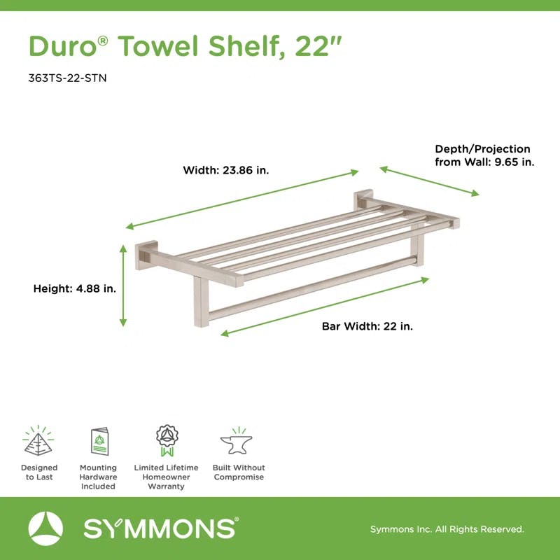 Duro 22" Satin Nickel Wall-Mounted Towel Shelf with Towel Bar