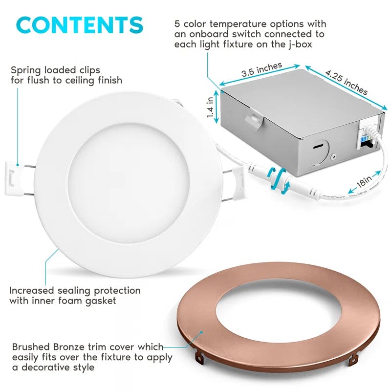 Luxrite 4'' Copper Trim Ultra Thin LED Recessed Light, 5 Color Temp Options