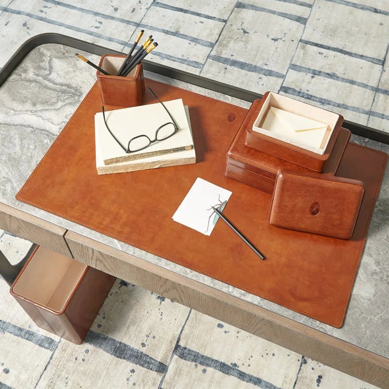 Elegant Tobacco Brown Leather Desk Organizer Box 9''