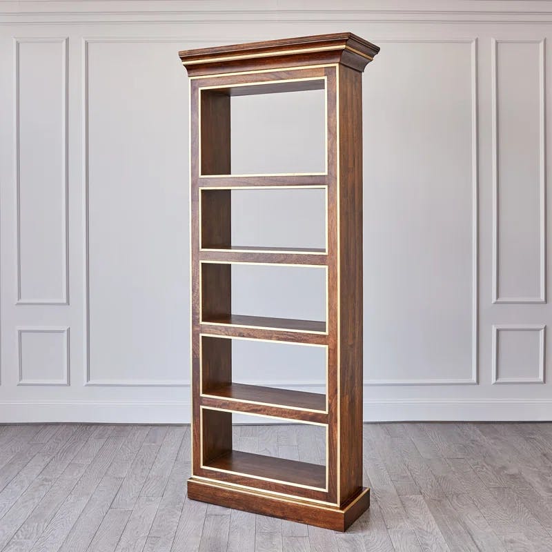 Walnut Finish Mango Wood 5-Tier Adjustable Library Bookcase with Brass Details