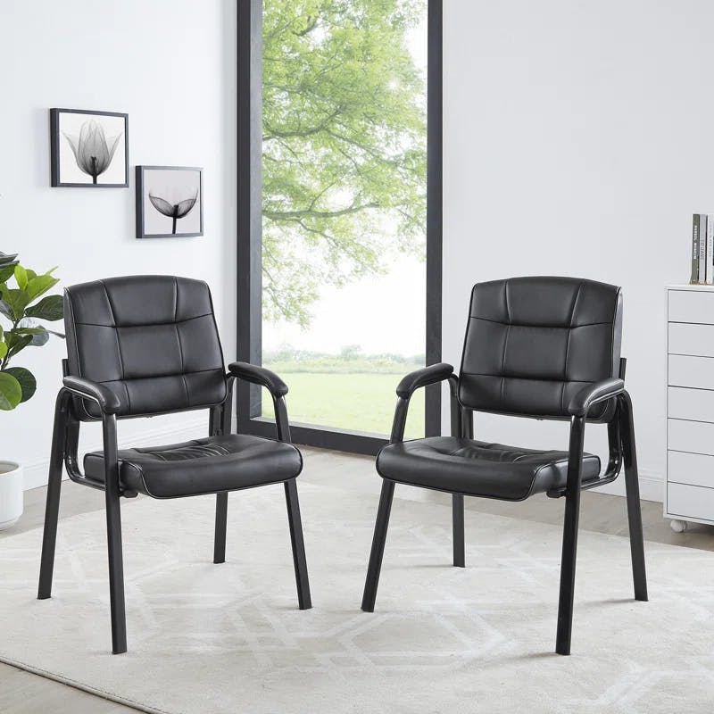Mindy Executive Leather Fabric Guest Chair Set, Black Metal Frame