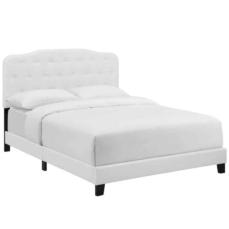 Amelia Classic White Queen Upholstered Platform Bed with Tufted Headboard