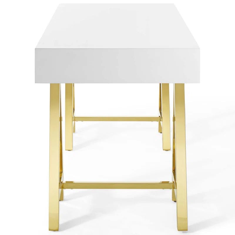Sleek Gold & White Retro Modern Office Desk with Drawers