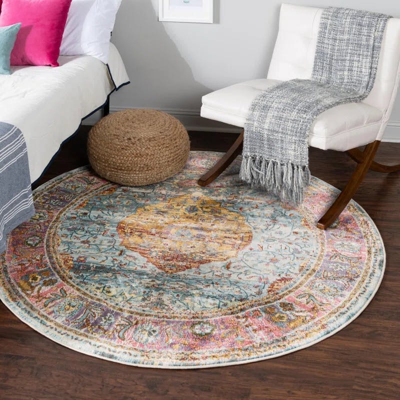 Cuban Flair Round 8'4" Light Blue Reversible Synthetic Rug