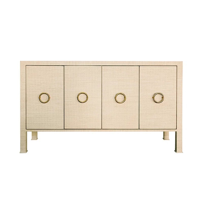 Contemporary Beige Grasscloth 58'' Sideboard with Antique Brass Hardware