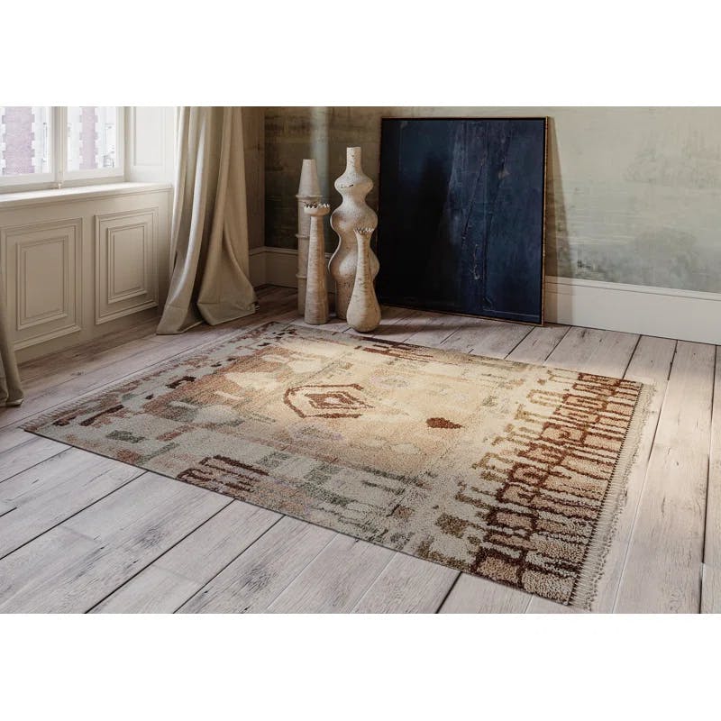 Hand-Knotted Beige Wool Moroccan-Inspired Area Rug 3'6" x 5'6"