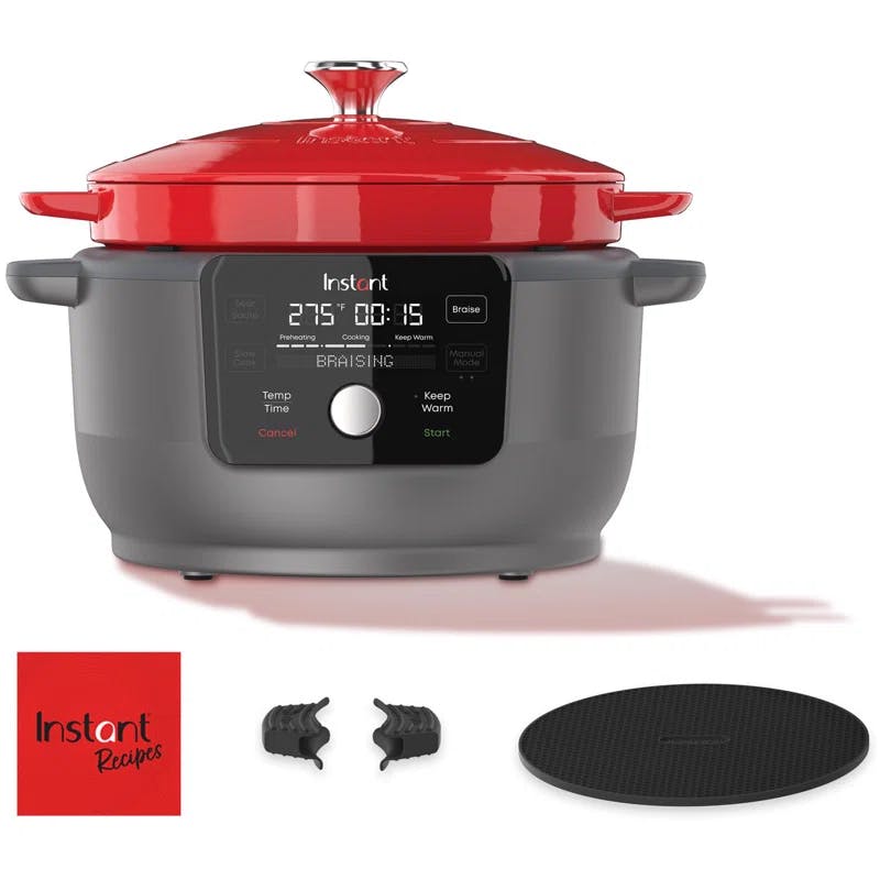 6-Quart Enameled Cast Iron Electric Hot Pot with Precision Control, Red