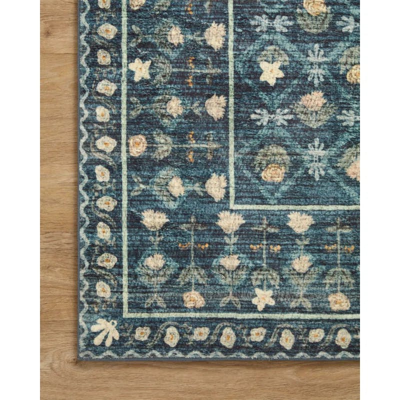 Lattice Indigo Floral 2'x5' Easy-Care Wool-Synthetic Blend Area Rug