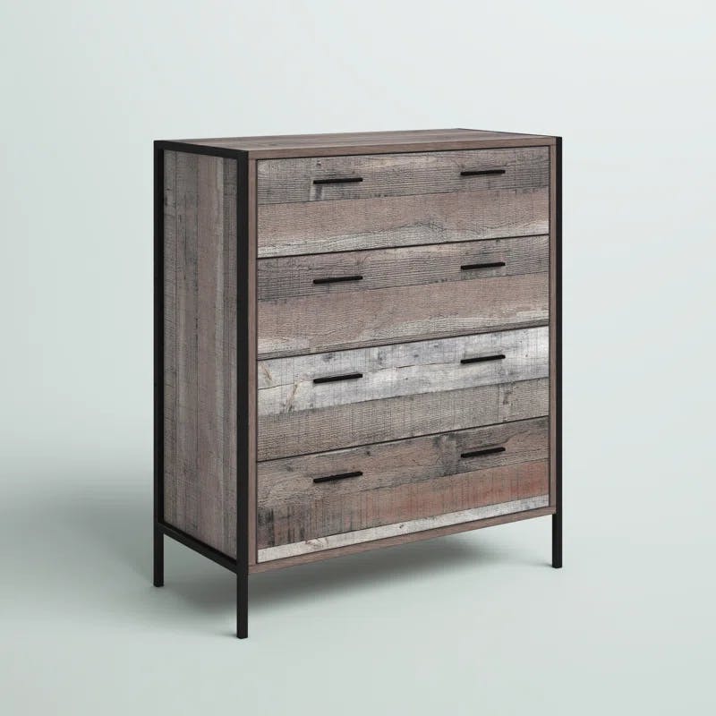 Rustic Reclaimed Barnwood Laminate 4-Drawer Chest with Black Steel Base