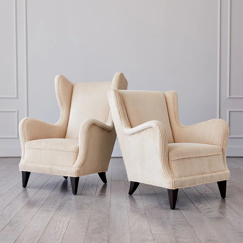 Ivory Corduroy Wingback Chair with Oiled Walnut Legs
