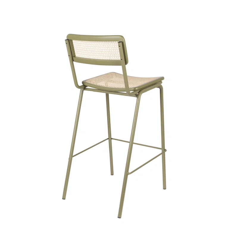 Jort 30'' Beige Wood and Rattan Bar Stool with Steel Frame