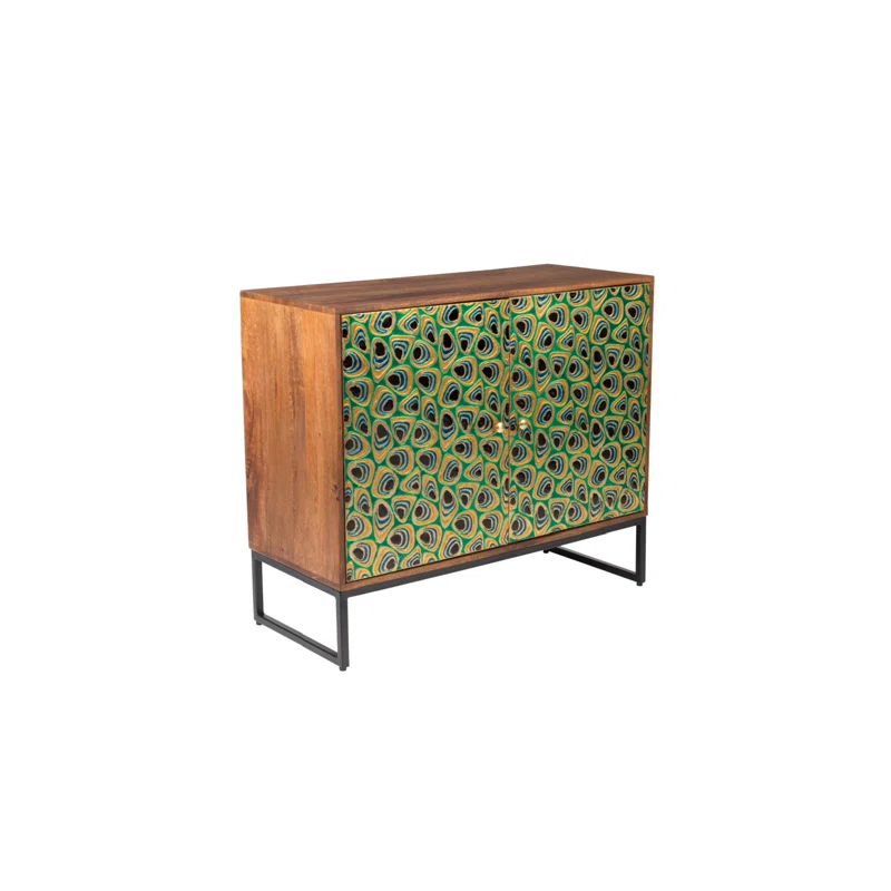 Meena Gold and Black Mango Wood Accent Cabinet with Peacock Feather Inlay