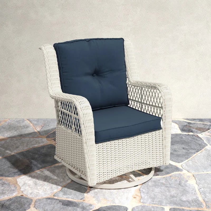 Rio Vista White and Navy Blue Resin Wicker Swivel Glider Chair