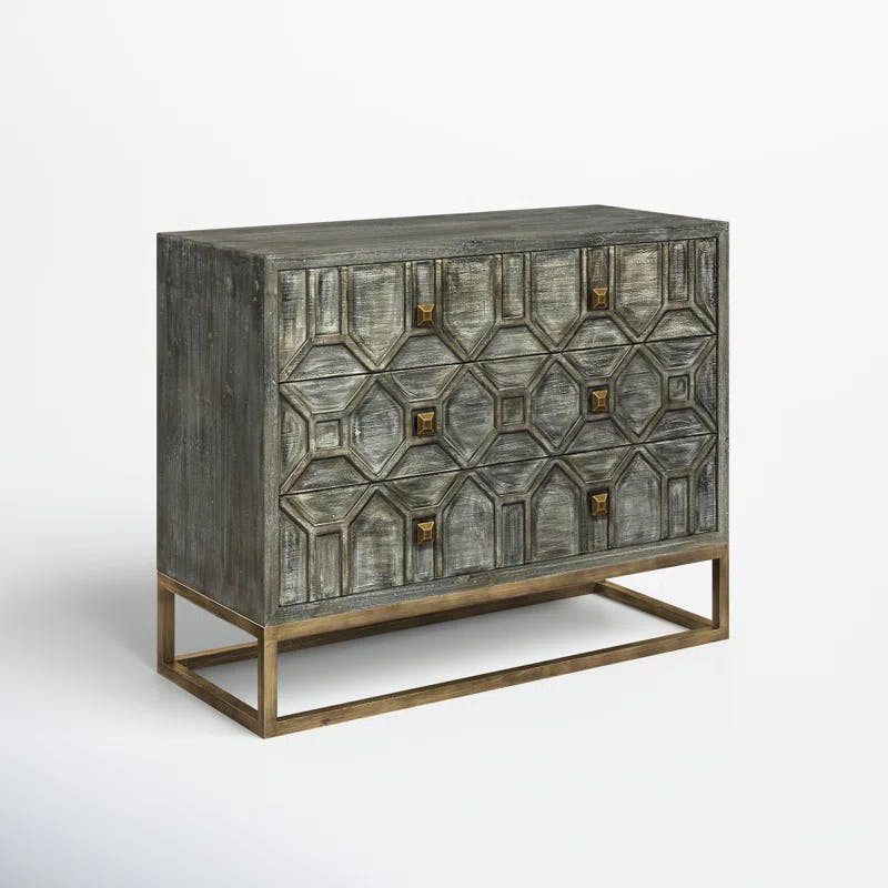 Genevieve Light Gray Wood and Antique Brass 3-Drawer Cabinet