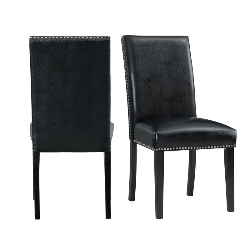 Transitional Black Faux Leather Upholstered Side Chair Set with Chrome Accents