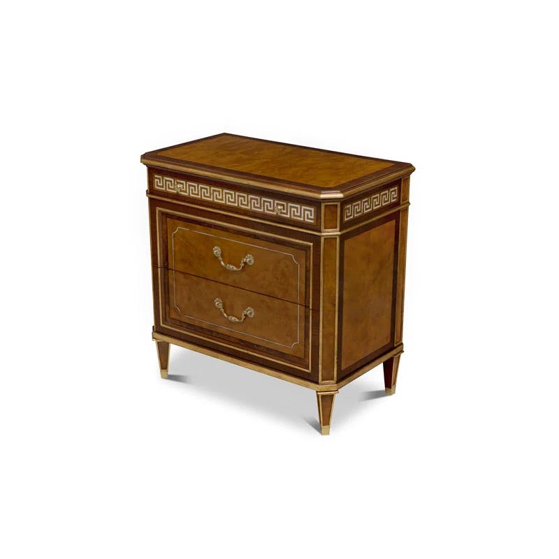 Finneas Myrtle Burl and Gold Gilt 2-Drawer Nightstand with Brass Accents