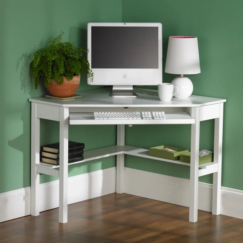 Sleek White Corner Computer Desk with Keyboard Tray and Drawer
