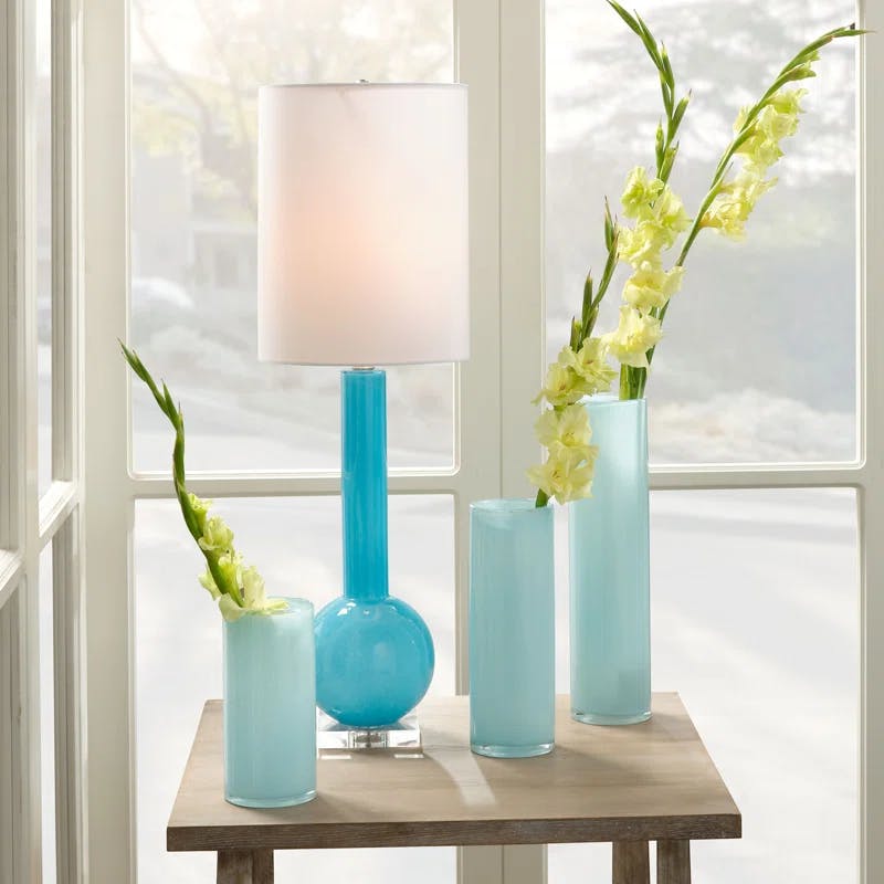 Elegant Blue Glass Stick Table Lamp with White Linen Shade