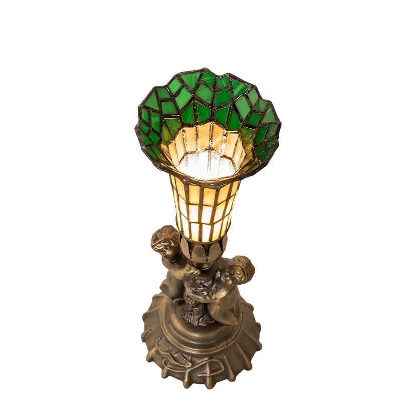Elegant Twin Cherub 13" Stained Glass Mini Lamp in Antique Brass